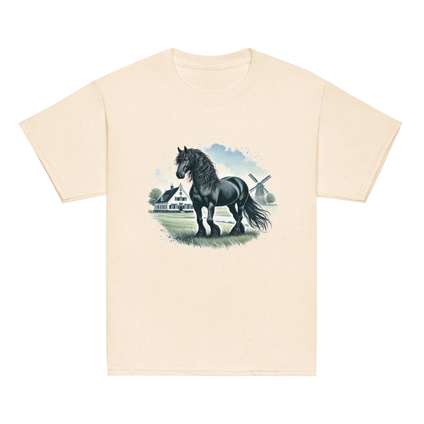 Friesenpferd auf der Weide – Aquarell – Mädchen T-Shirt