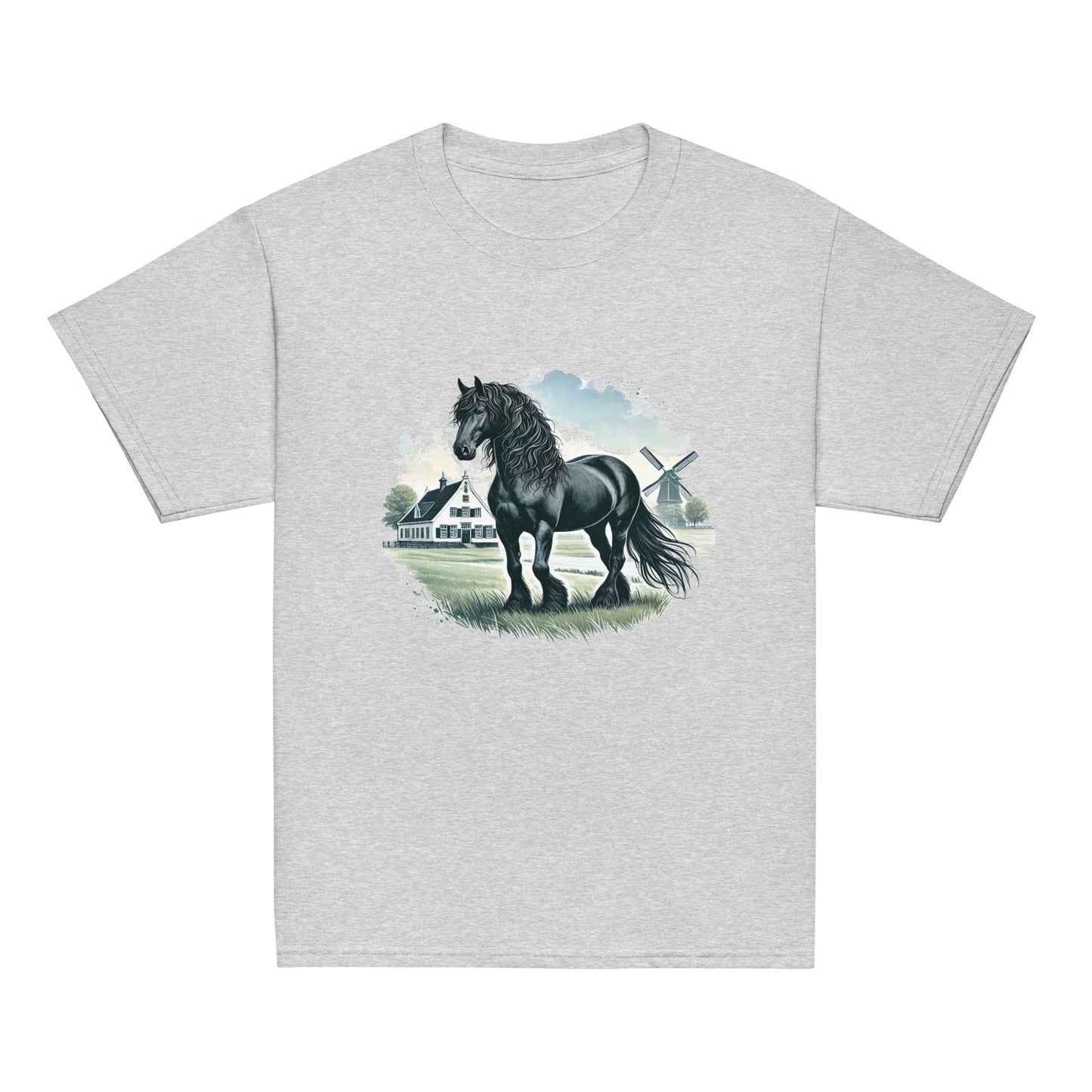 Friesenpferd auf der Weide – Aquarell – Mädchen T-Shirt
