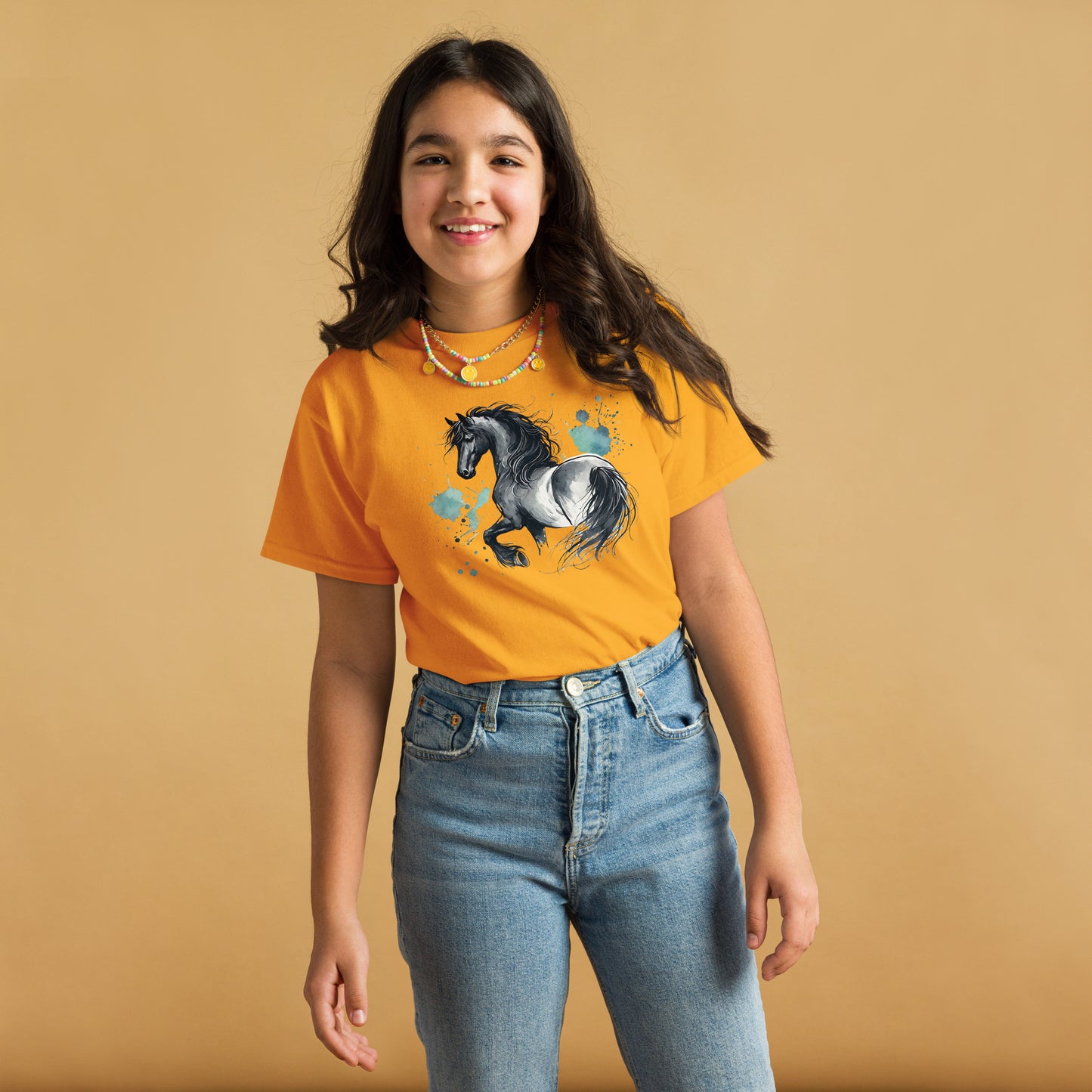 Friesenpferd Rappe - Aquarell - Mädchen T-Shirt