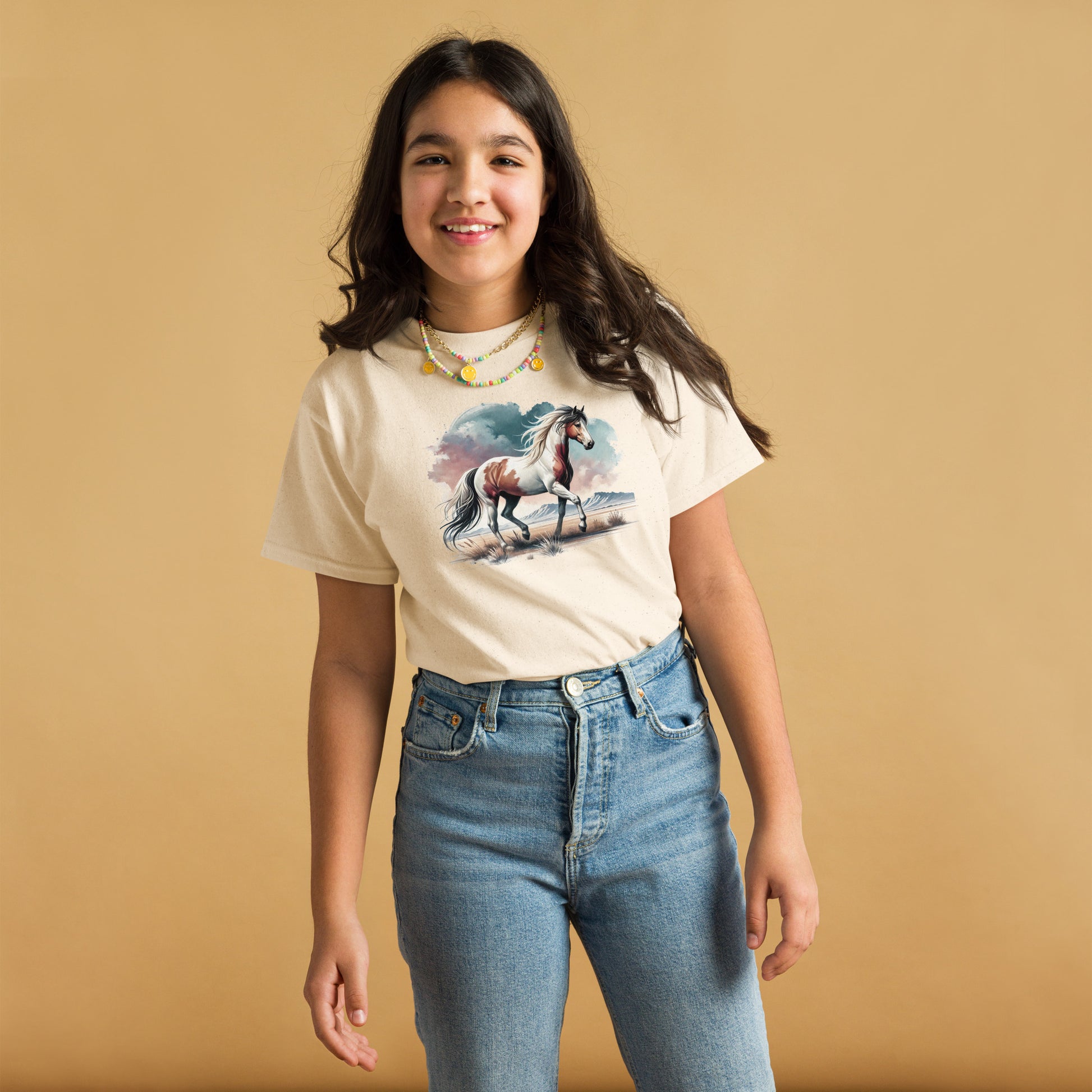 Wilder Mustang - Mädchen T-Shirt - Aquarell - 100% Baumwolle