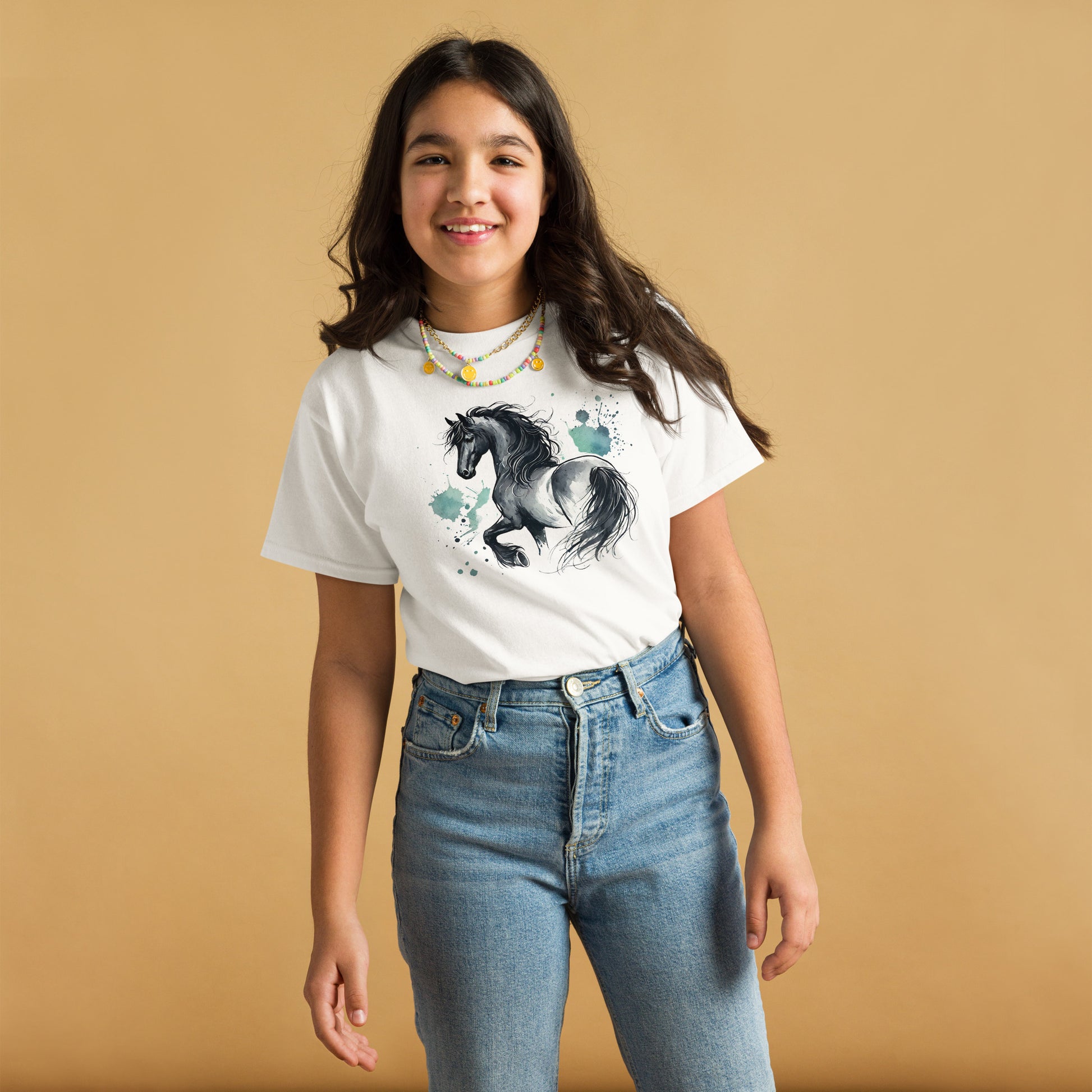 Friesenpferd Rappe - Aquarell - Mädchen T-Shirt